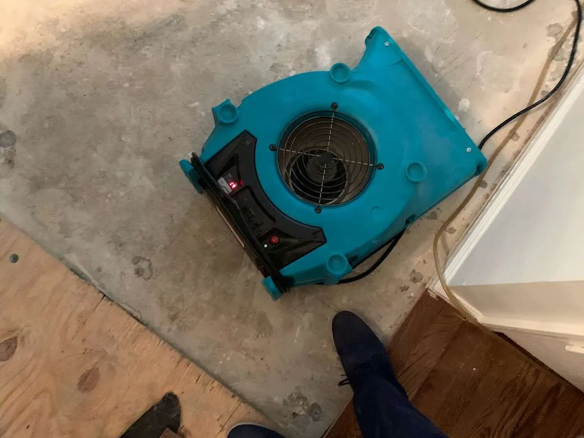 Air mover drying subfloor during Commercial Water Damage Restoration in Tamalpais-Homestead Valley